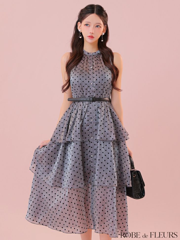 ROBE de FLEURS ローブドフルール ベルト付きドットオーガンジーティアードロングキャバドレス fm3281-c