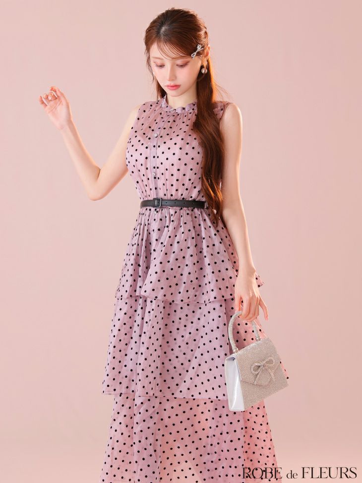 ROBE de FLEURS ローブドフルール ベルト付きドットオーガンジーティアードロングキャバドレス fm3281-c