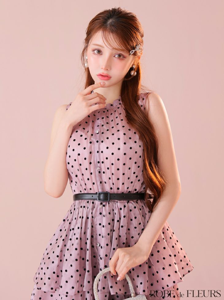 ROBE de FLEURS ローブドフルール ベルト付きドットオーガンジーティアードロングキャバドレス fm3281-c