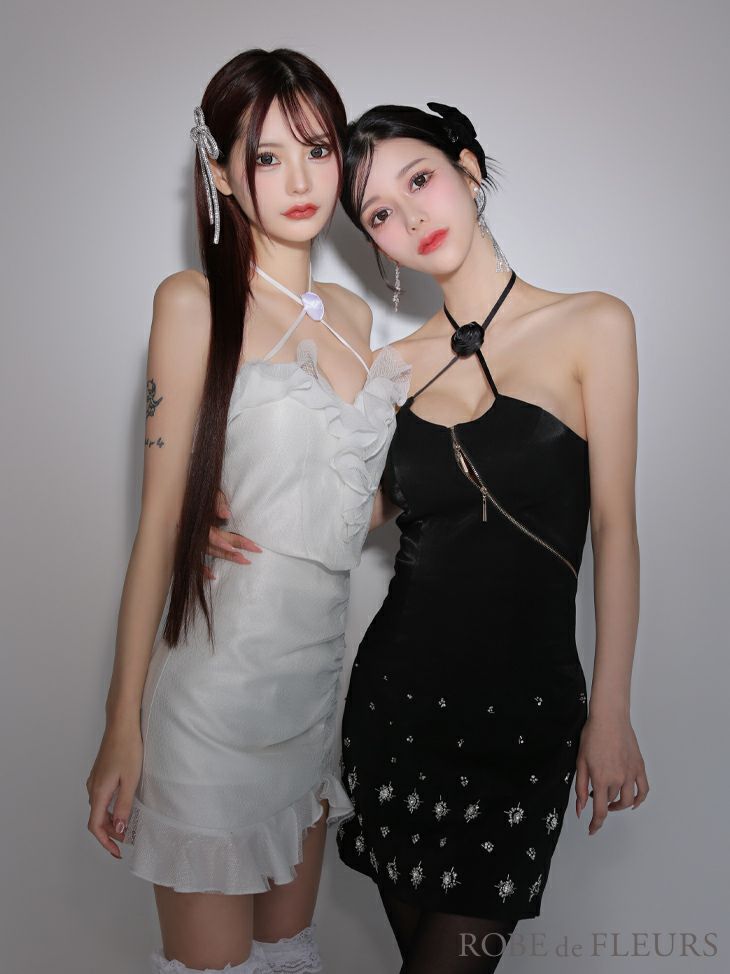 ROBE de FLEURS ローブドフルール ブラック ローズチョーカーバストジップデザインサテンタイトミニキャバドレス fm3753-1