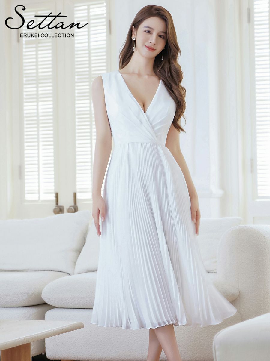 ERUKEI エルケイ ホワイト シンプル・無地・細プリーツ・Aライン・Vネック・ノースリーブ・ミディアムドレス・ワンピース ek-s36203-1