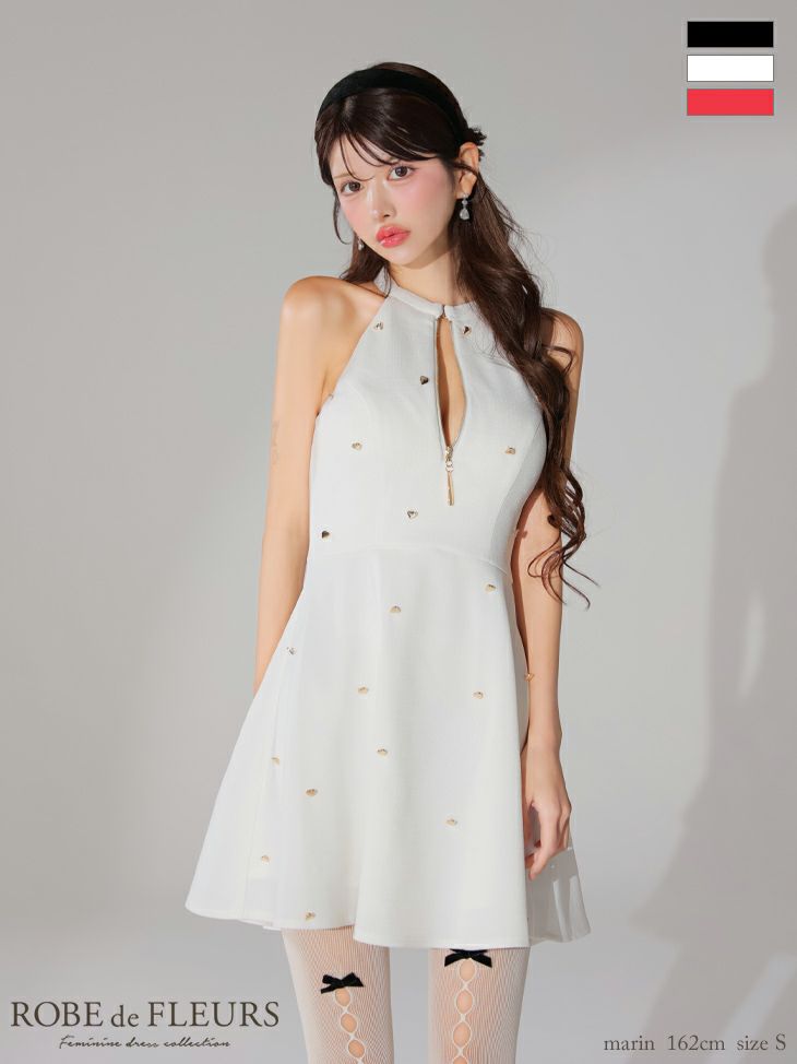 ROBE de FLEURS ローブドフルール ホワイト ハートスタッズバストジップアメスリフレアミニキャバドレス fm3770-2