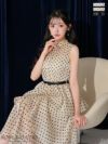 ROBE de FLEURS ローブドフルール ベージュ ベルト付きドットオーガンジーティアードロングキャバドレス fm3281-2