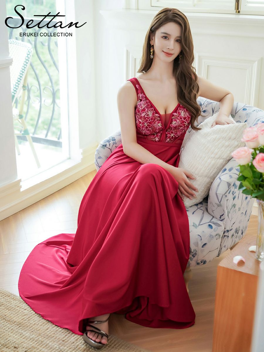 ERUKEI エルケイ ワインレッド 刺繍・セクシー・シースルー・シアー・Aライン・ロングドレス ek-s36501-1