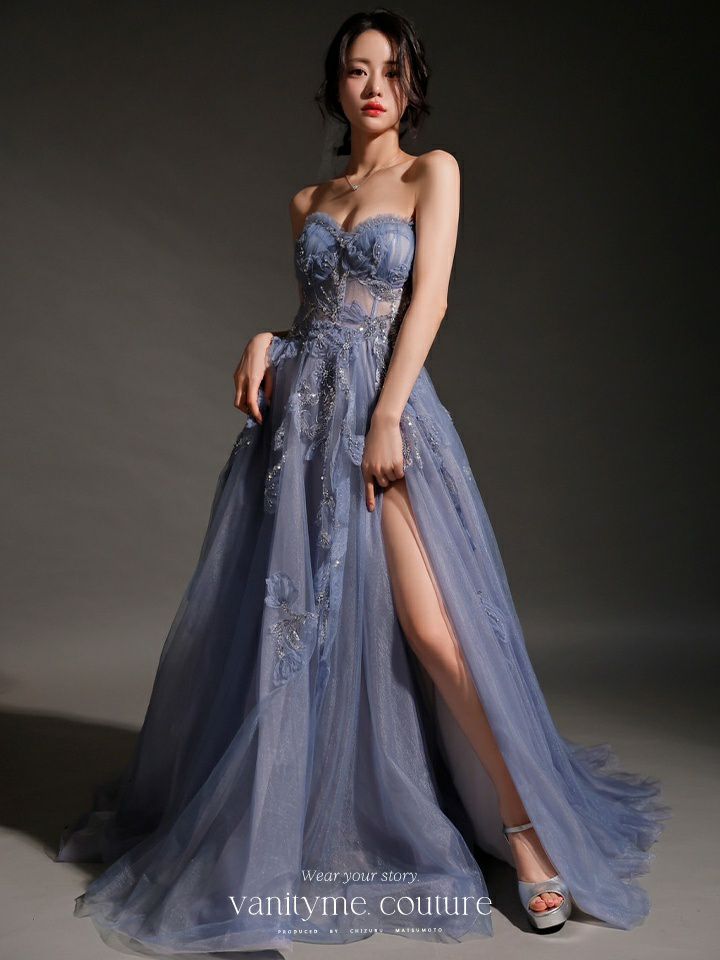 vanityME.couture. バニティミークチュール スパンコール刺繡 フラワーモチーフ スリット入り ベアトップ プリンセス 姫 ロングドレス バースデードレス ブルー vctr-l-a1294