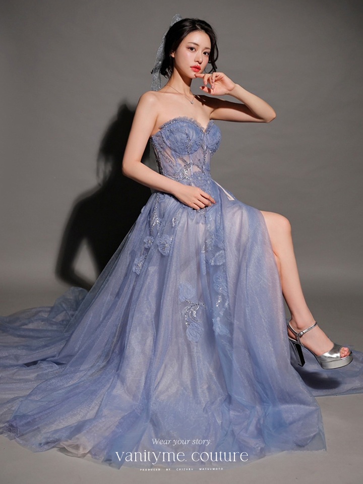 vanityME.couture. バニティミークチュール スパンコール刺繡 フラワーモチーフ スリット入り ベアトップ プリンセス 姫 ロングドレス バースデードレス ブルー vctr-l-a1294