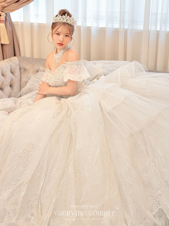 【2点セット】vanityME.couture. バニティミークチュール ダイヤモンド クリスタルビジュー オフショル チューリップスリーブ チョーカーネックレス付き プリンセス 姫 ウエディングドレス ロングドレス ホワイト vctr-t-24109