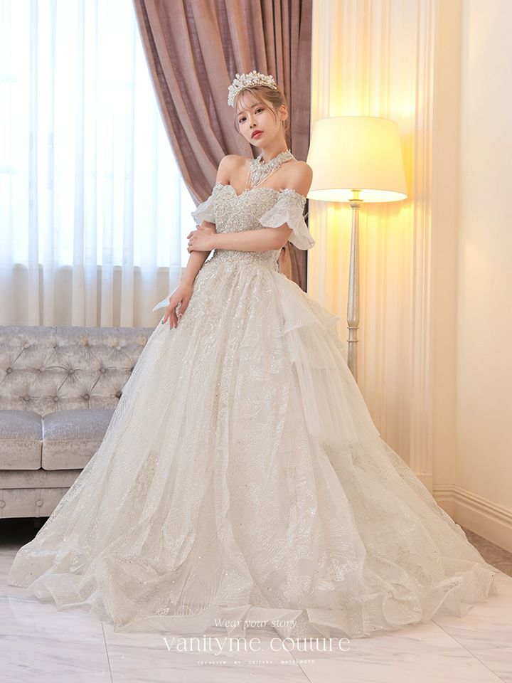 【2点セット】vanityME.couture. バニティミークチュール ダイヤモンド クリスタルビジュー オフショル チューリップスリーブ チョーカーネックレス付き プリンセス 姫 ウエディングドレス ロングドレス ホワイト vctr-t-24109
