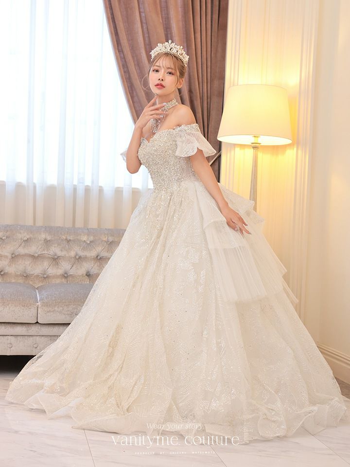 【2点セット】vanityME.couture. バニティミークチュール ダイヤモンド クリスタルビジュー オフショル チューリップスリーブ チョーカーネックレス付き プリンセス 姫 ウエディングドレス ロングドレス ホワイト vctr-t-24109
