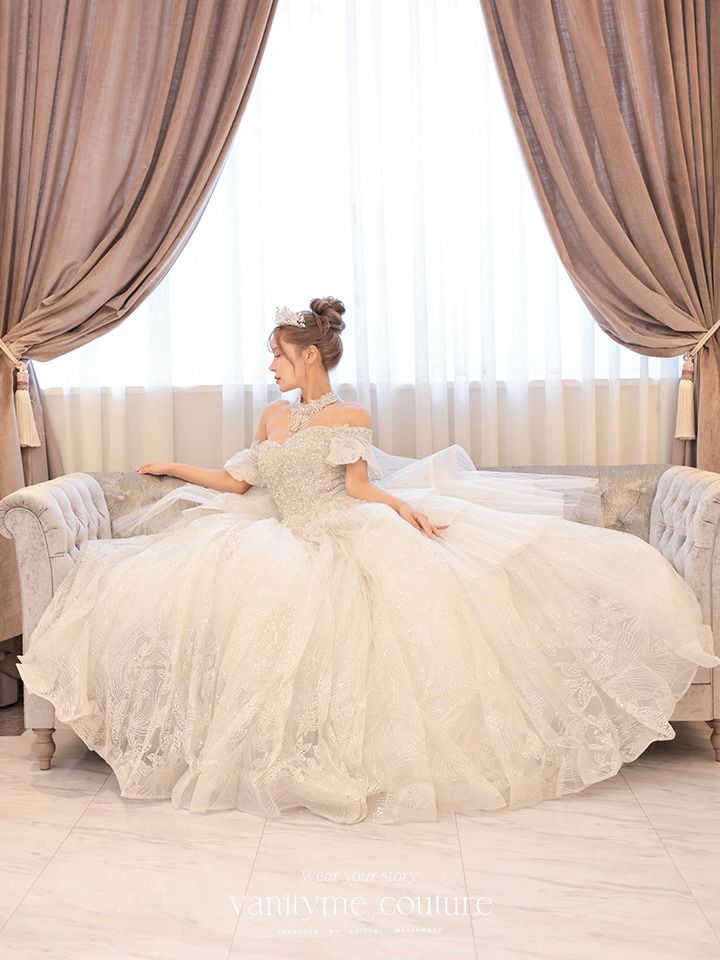 【2点セット】vanityME.couture. バニティミークチュール ダイヤモンド クリスタルビジュー オフショル チューリップスリーブ チョーカーネックレス付き プリンセス 姫 ウエディングドレス ロングドレス ホワイト vctr-t-24109