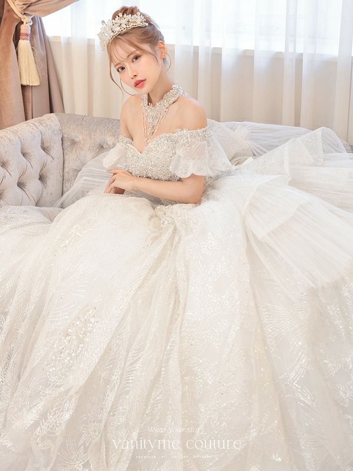 【2点セット】vanityME.couture. バニティミークチュール ダイヤモンド クリスタルビジュー オフショル チューリップスリーブ チョーカーネックレス付き プリンセス 姫 ウエディングドレス ロングドレス ホワイト vctr-t-24109