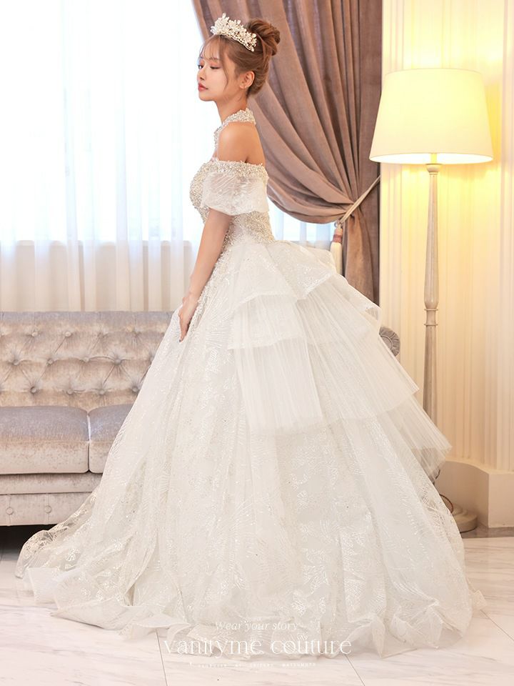 【2点セット】vanityME.couture. バニティミークチュール ダイヤモンド クリスタルビジュー オフショル チューリップスリーブ チョーカーネックレス付き プリンセス 姫 ウエディングドレス ロングドレス ホワイト vctr-t-24109