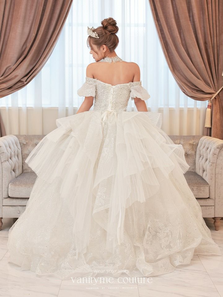 【2点セット】vanityME.couture. バニティミークチュール ダイヤモンド クリスタルビジュー オフショル チューリップスリーブ チョーカーネックレス付き プリンセス 姫 ウエディングドレス ロングドレス ホワイト vctr-t-24109