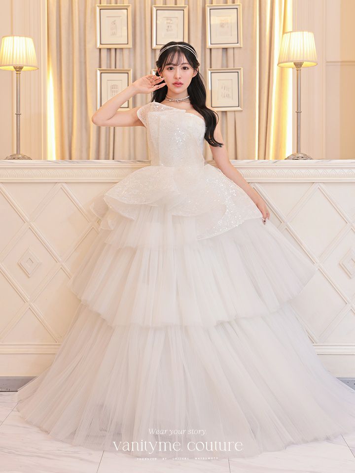 vanityME.couture. バニティミークチュール スパンコールレース ペプラム ベアトップ プリンセス 姫 ウエディングドレス ロングドレス ホワイト vctr-t-24111