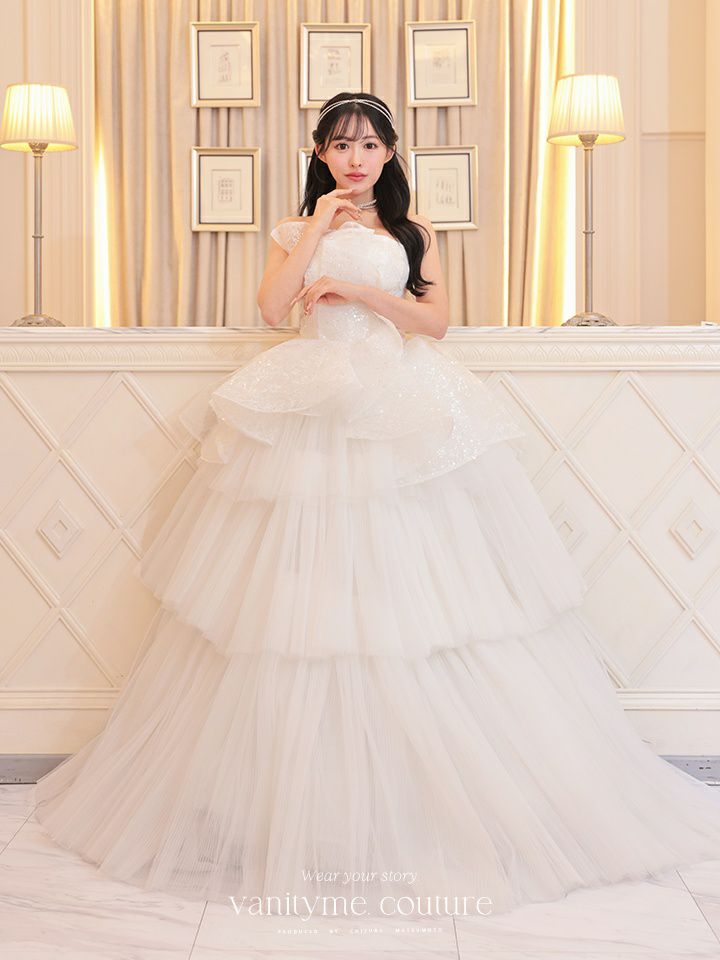 vanityME.couture. バニティミークチュール スパンコールレース ペプラム ベアトップ プリンセス 姫 ウエディングドレス ロングドレス ホワイト vctr-t-24111