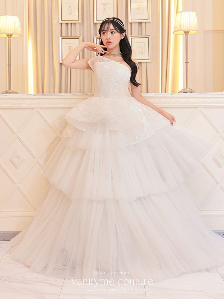vanityME.couture. バニティミークチュール スパンコールレース ペプラム ベアトップ プリンセス 姫 ウエディングドレス ロングドレス ホワイト vctr-t-24111