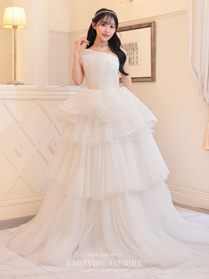 vanityME.couture. バニティミークチュール スパンコールレース ペプラム ベアトップ プリンセス 姫 ウエディングドレス ロングドレス ホワイト vctr-t-24111