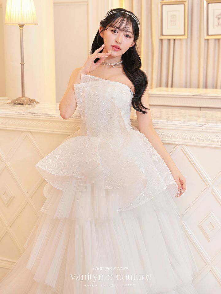 vanityME.couture. バニティミークチュール スパンコールレース ペプラム ベアトップ プリンセス 姫 ウエディングドレス ロングドレス ホワイト vctr-t-24111