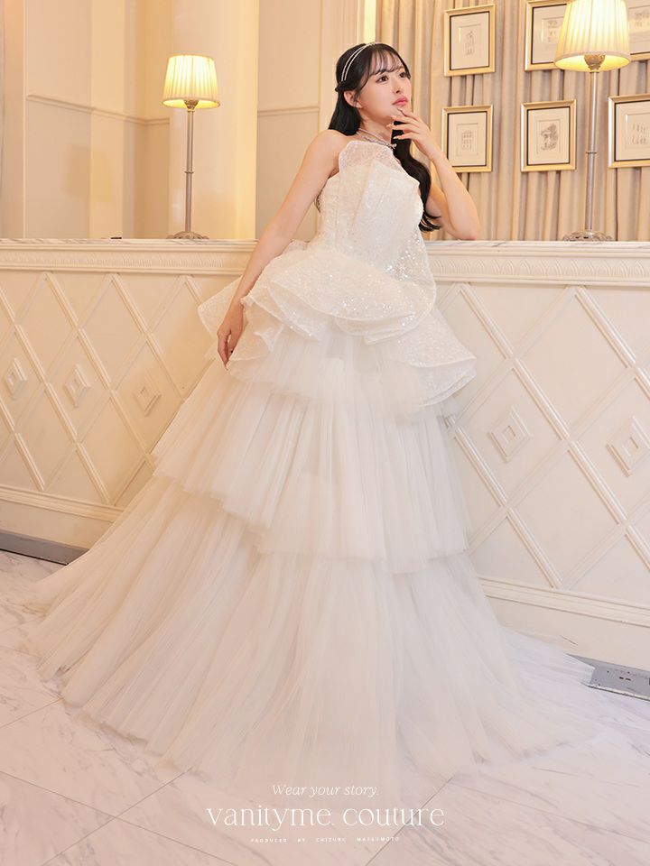 vanityME.couture. バニティミークチュール スパンコールレース ペプラム ベアトップ プリンセス 姫 ウエディングドレス ロングドレス ホワイト vctr-t-24111