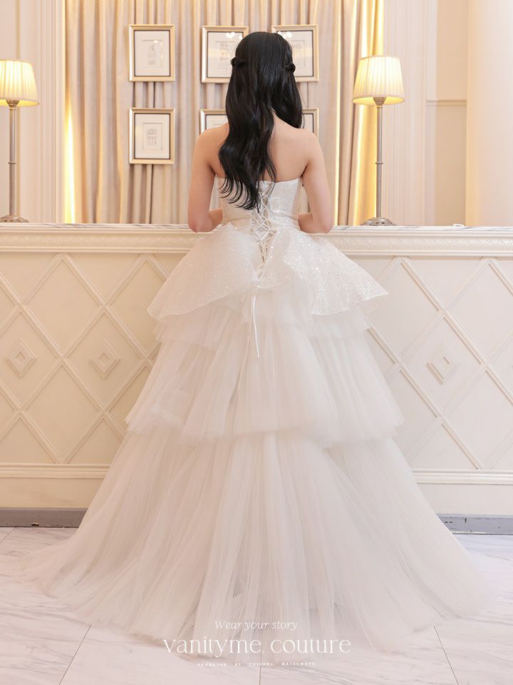 vanityME.couture. バニティミークチュール スパンコールレース ペプラム ベアトップ プリンセス 姫 ウエディングドレス ロングドレス ホワイト vctr-t-24111