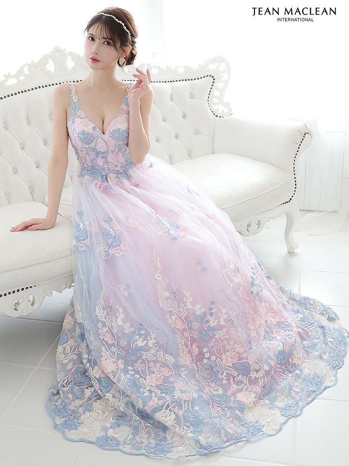 シースルーレースフラワー刺繍ウエストマークロングドレス 結婚