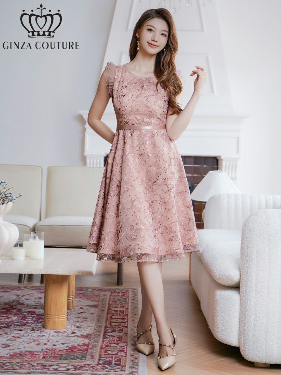 ERUKEI エルケイ フレンチ・フリルスリーブ・総レース・膝丈・Aライン・ワンピース ek-c24107-1