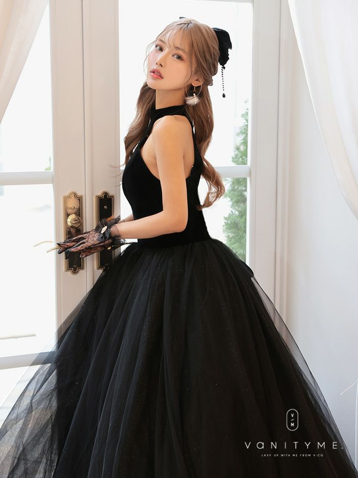 vanityME.couture. バニティミークチュール *Romantic Holiday Dress* アメリカンスリーブ ベルベット ラメ入りチュール プリンセス 姫 ロングドレス バースデードレス ブラック vctr-t-24114-1