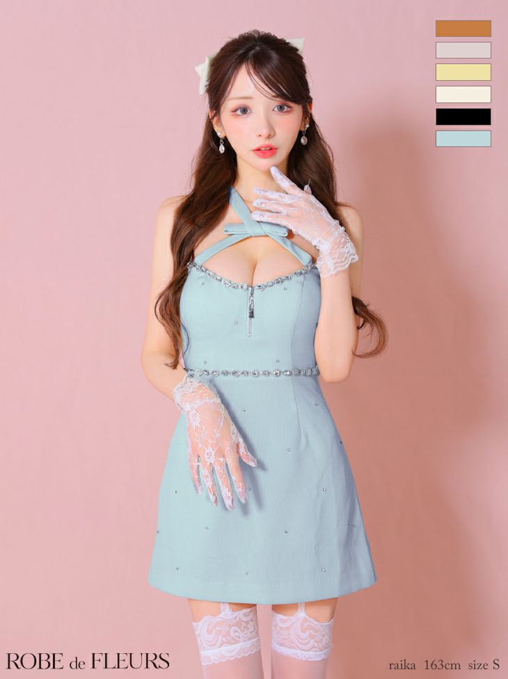 ROBE de FLEURS ローブドフルール リボンデザインホルタービジューミニキャバドレス fm3442-c