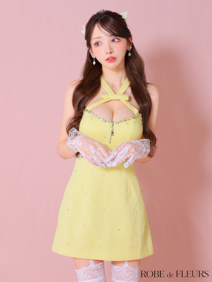 ローブドフルール リボンデザインホルタービジューミニキャバドレス Ｍサイズ ROBE de FLEURS ローブドフルール リボンデザインホルタービジューミニ