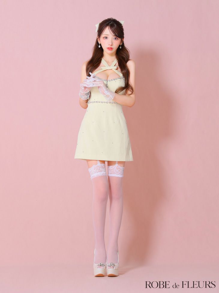 ROBE de FLEURS ローブドフルール リボンデザインホルタービジューミニキャバドレス fm3442-c