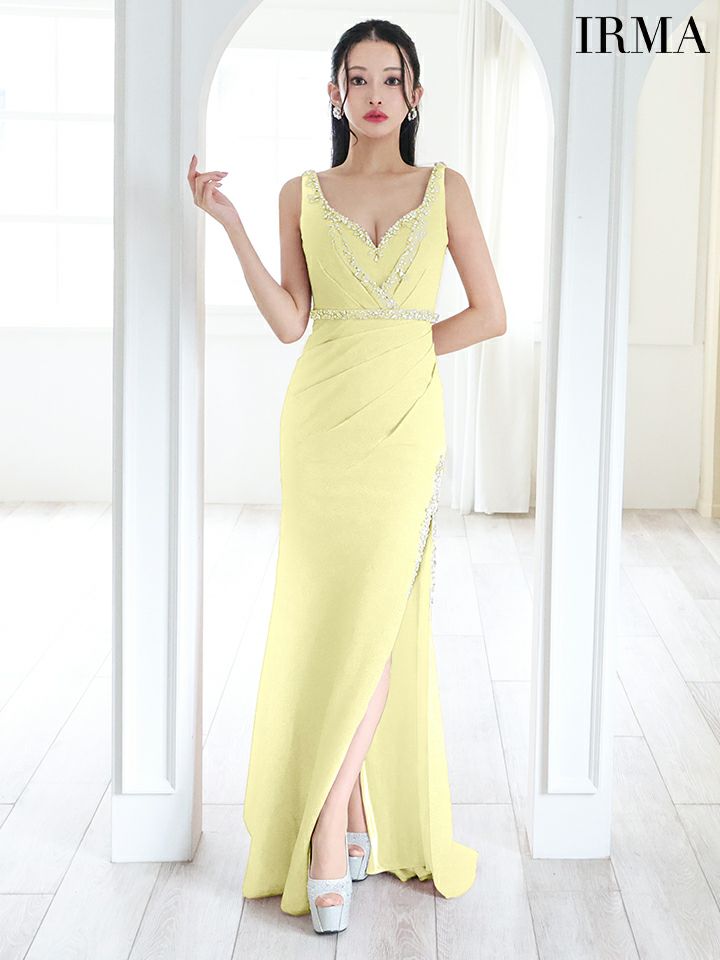 IRMA 刺繍 ビーズ ビジュー レースアップ ロング ドレス イエロー IRMA 刺繍 ビーズ ビジュー レースアップ ロング ドレス イエロー IRMA