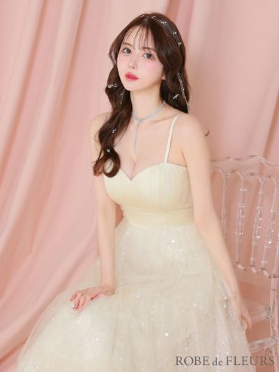 ROBE de FLEURS ローブドフルール アイボリー バレエコアフリルラメチュールシンプルミディキャミキャバドレス fm3714-1