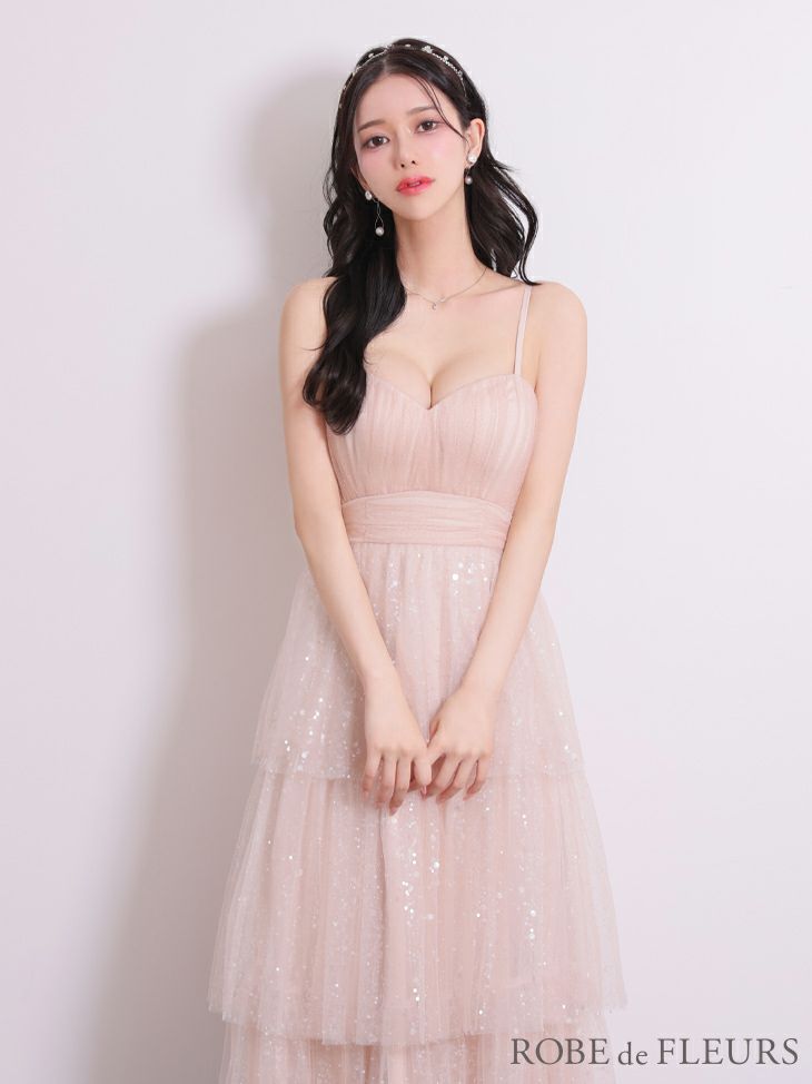 ROBE de FLEURS ローブドフルール ピンクベージュ バレエコアフリルラメチュールシンプルミディキャミキャバドレス fm3714-2