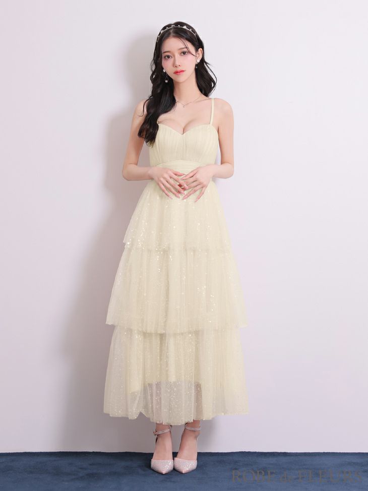 ROBE de FLEURS ローブドフルール ピンクベージュ バレエコアフリルラメチュールシンプルミディキャミキャバドレス fm3714-2