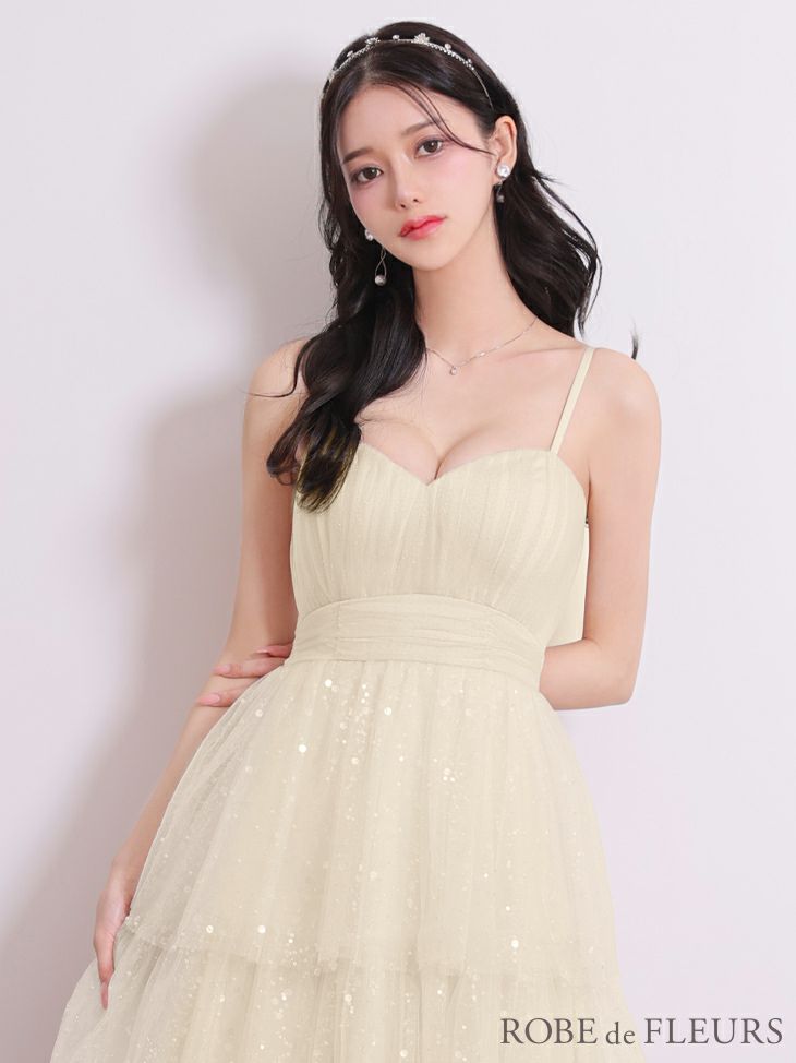 ROBE de FLEURS ローブドフルール ピンクベージュ バレエコアフリルラメチュールシンプルミディキャミキャバドレス fm3714-2