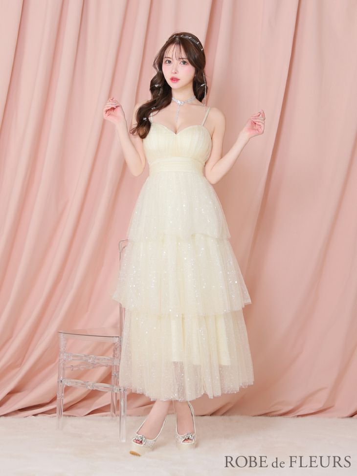ROBE de FLEURS ローブドフルール ピンクベージュ バレエコアフリルラメチュールシンプルミディキャミキャバドレス fm3714-2