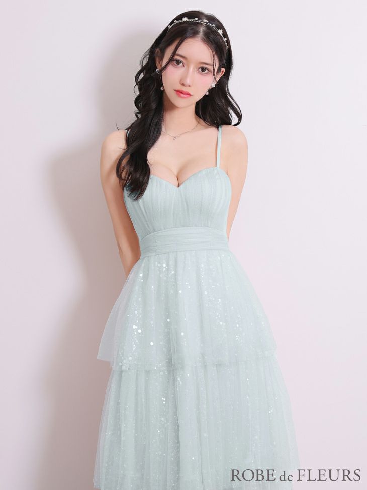 ROBE de FLEURS ローブドフルール ピンクベージュ バレエコアフリルラメチュールシンプルミディキャミキャバドレス fm3714-2