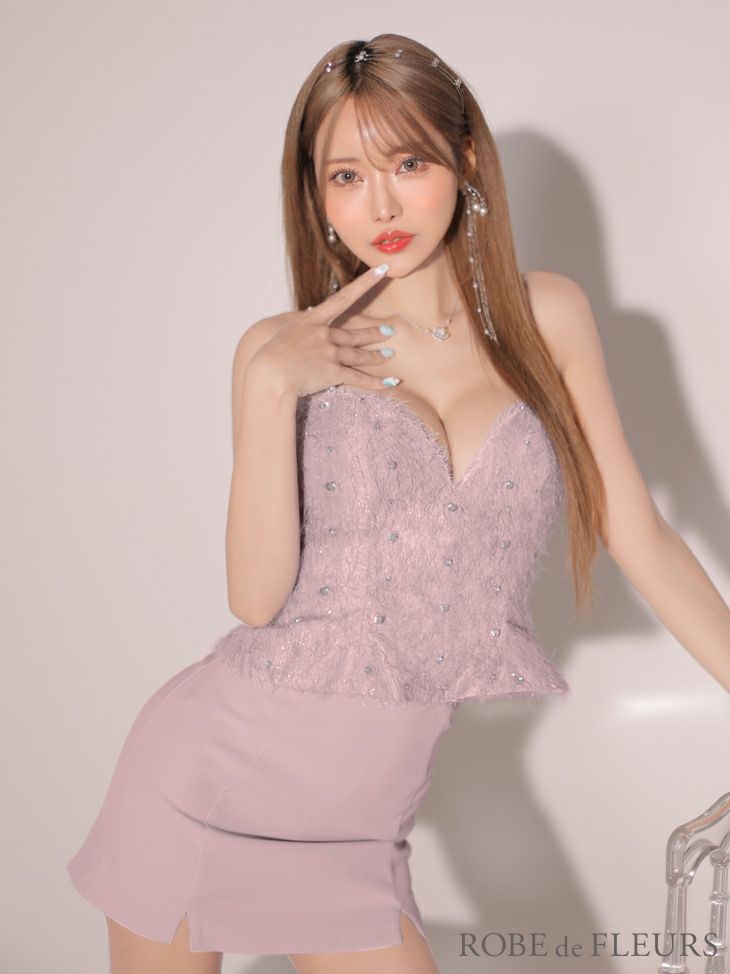ROBE de FLEURS ローブドフルール ピンク ハートビジューフリンジペプラムタイトミニキャバドレス fm3552-3