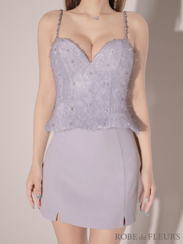 ROBE de FLEURS ローブドフルール ピンク ハートビジューフリンジペプラムタイトミニキャバドレス fm3552-3