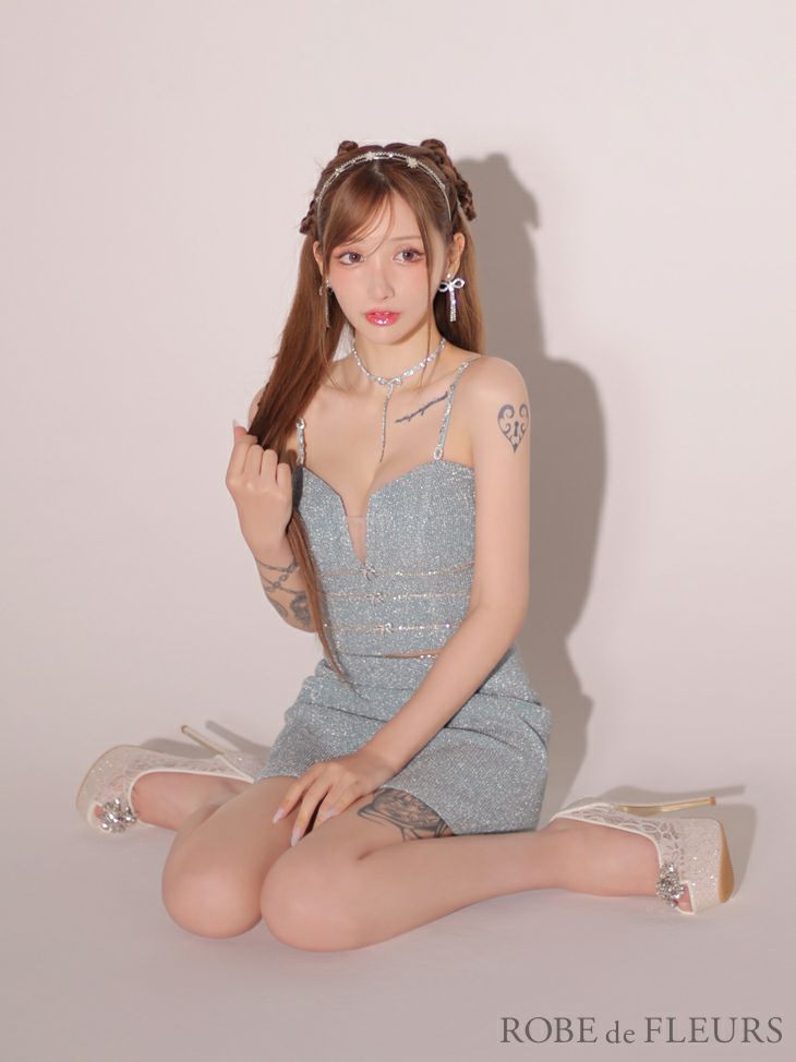 ROBE de FLEURS ローブドフルール ブルー スパークルラメニットミニリボンタイトミニキャバドレス fm3271-1