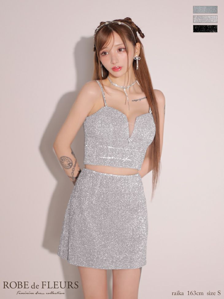 ROBE de FLEURS ローブドフルール ブルー スパークルラメニットミニリボンタイトミニキャバドレス fm3271-1
