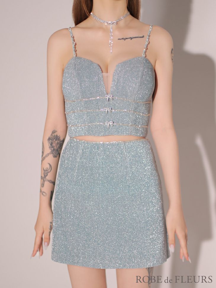 ROBE de FLEURS ローブドフルール ブルー スパークルラメニットミニリボンタイトミニキャバドレス fm3271-1