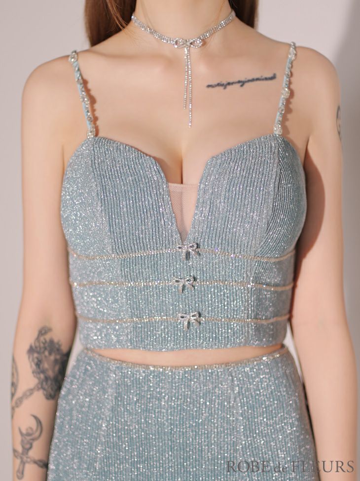 ROBE de FLEURS ローブドフルール ブルー スパークルラメニットミニリボンタイトミニキャバドレス fm3271-1