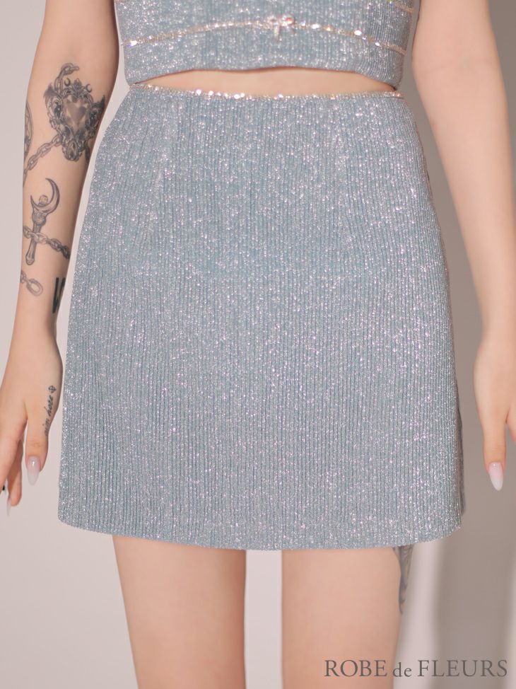 ROBE de FLEURS ローブドフルール ブルー スパークルラメニットミニリボンタイトミニキャバドレス fm3271-1