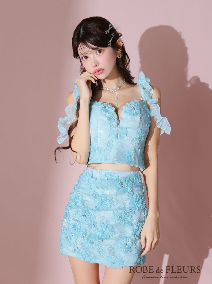 ROBE de FLEURS ローブドフルール フラワーレースオーガンジーフリルミニキャバドレス fm3448-c