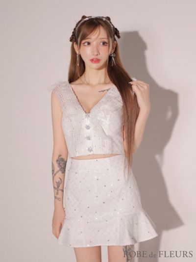 ROBE de FLEURS ローブドフルール ホワイト ナチュラルレースノースリーブバックリボンセットアップキャバドレス fm3421-1