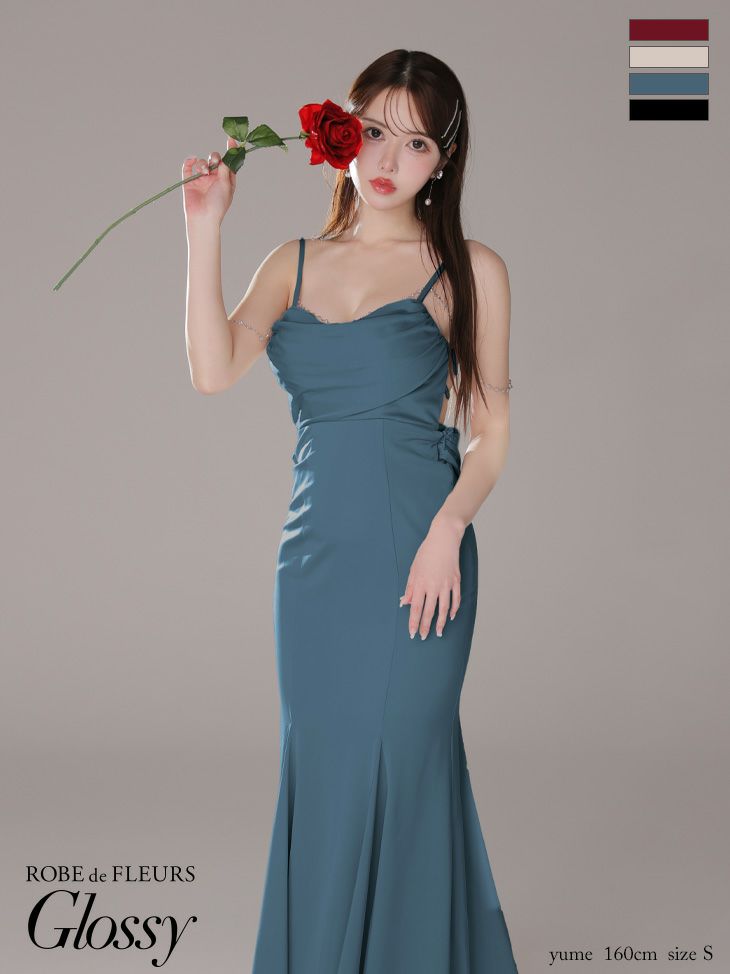 Glossy ローブドフルールグロッシー ブルー サテンバストビジューロングキャバドレス gl3768-3
