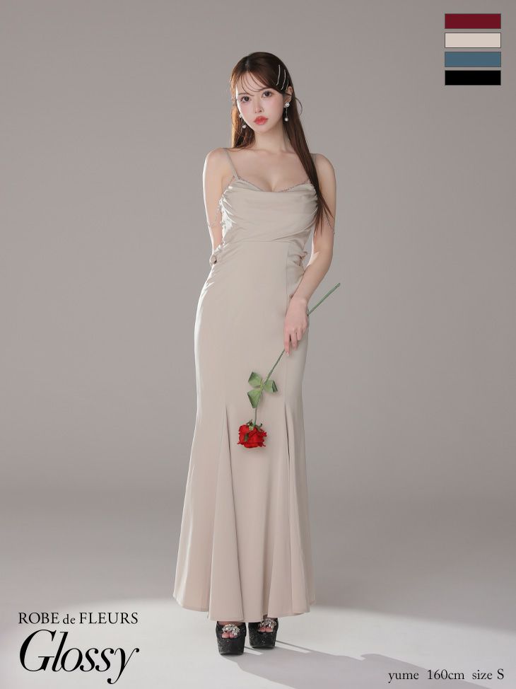 Glossy ローブドフルールグロッシー ブルー サテンバストビジューロングキャバドレス gl3768-3