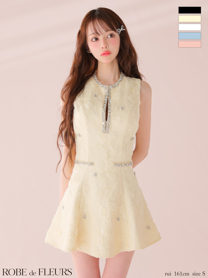 ROBE de FLEURS ローブドフルール ピンク ビジューラインノースリーブフレアミニキャバドレス fm3439-3