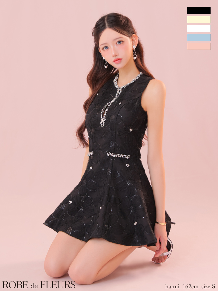 ROBE de FLEURS ローブドフルール ピンク ビジューラインノースリーブフレアミニキャバドレス fm3439-3